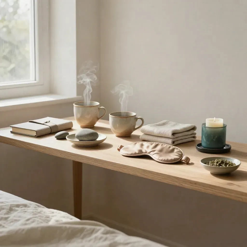 Ritual shelf with journal, mug, candle, mask, linen and breath stone in soft rain light