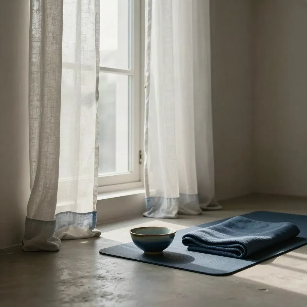 Open window, sheer curtain, folded mat, and ceramic bowl in moonlit calm.