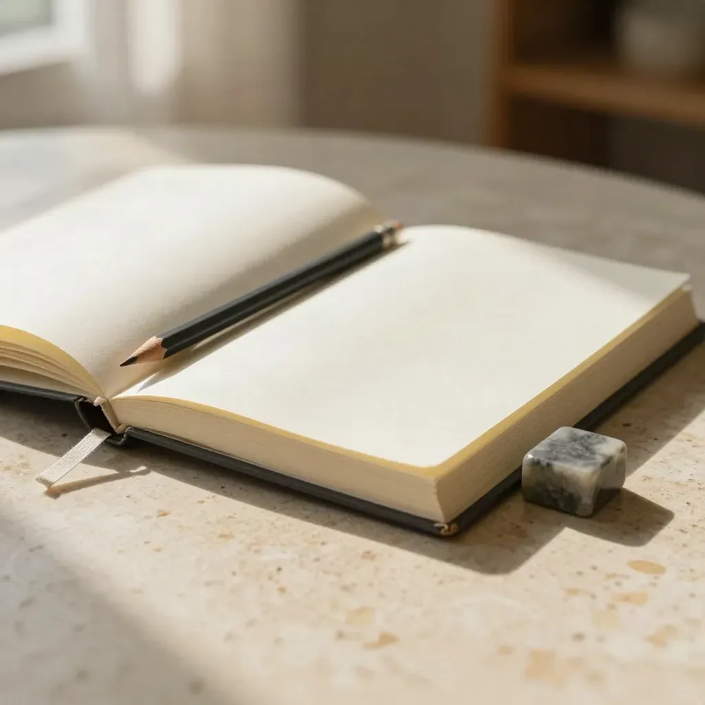 Opened journal, pencil, bookmark and stone paperweight on travertine in soft window light.