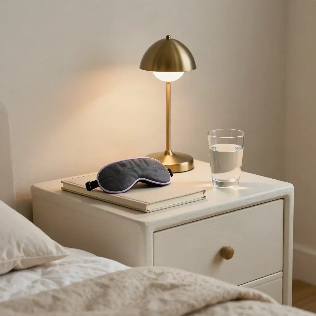 Low bedside scene with a closed notebook, sleep mask, lamp, and water glass on plaster.