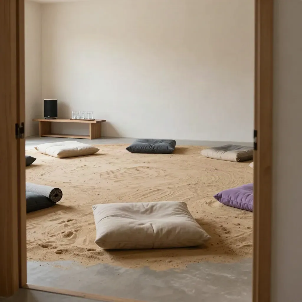 Empty workshop room with cushions, rolled mat, speaker, and stacked water glasses in soft daylight.