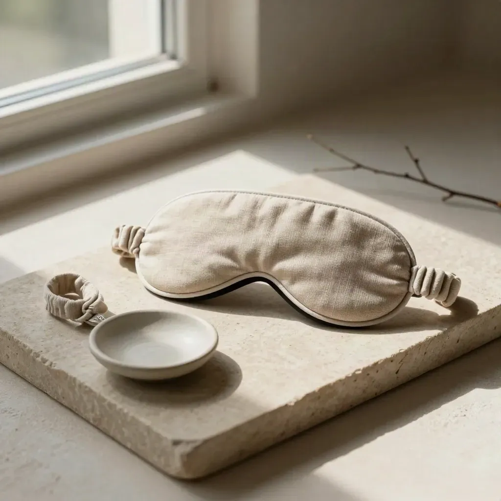 Sleep mask, ceramic dish, folded cloth and branch on stone tray in soft evening light