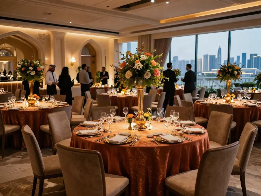 Event furniture rental showcasing elegant dining setups for sophisticated gatherings in Saudi Arabia.